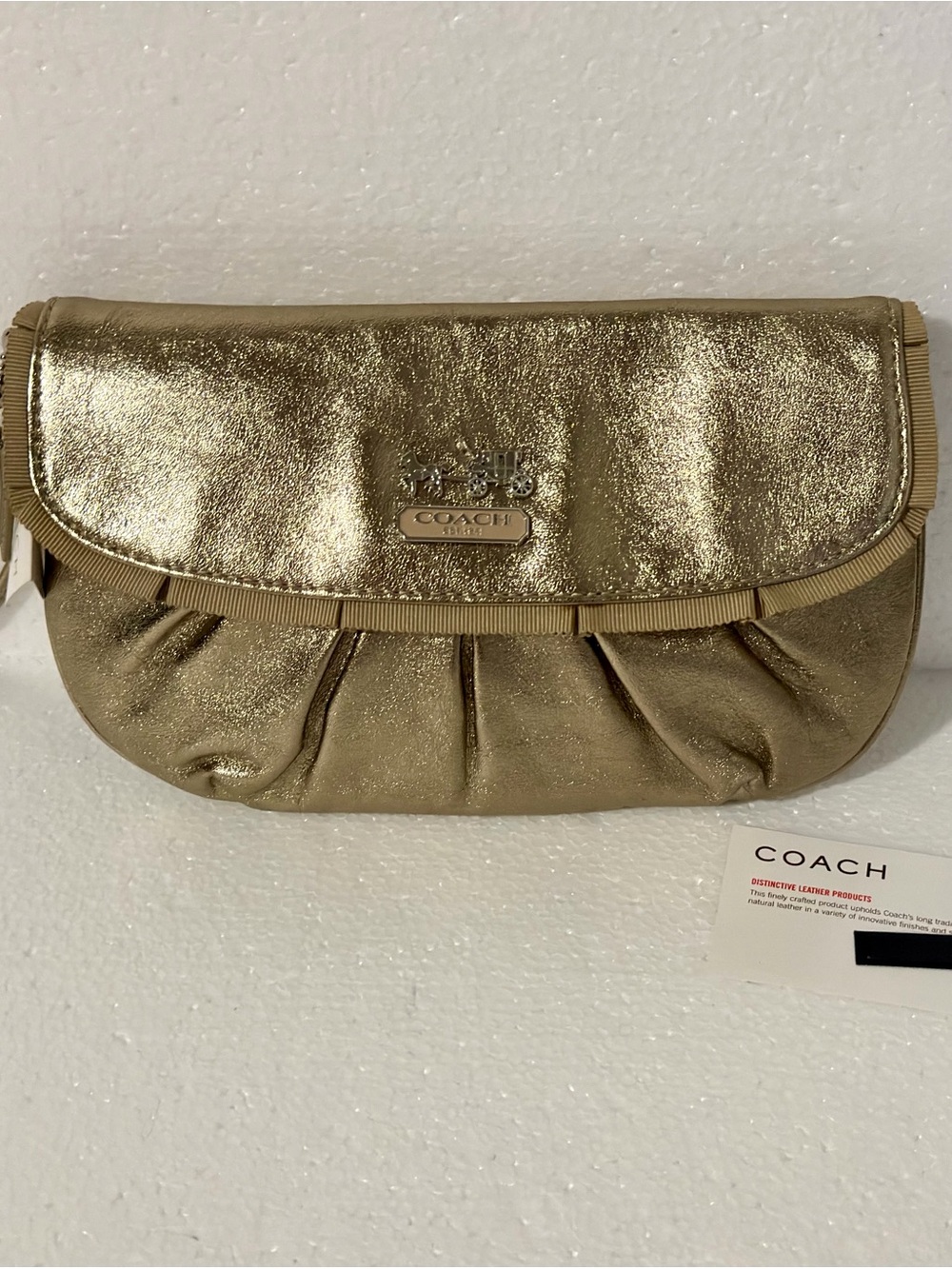 Coach Madison metallic gold pleated ruffle flap clutch wristlet